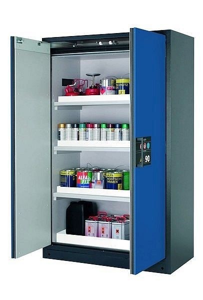 asecos Sicherheitsschrank Q-CLASSIC-90, Q90.195.120 in enzianblau RAL 5010 mit 3x Wannenboden Standard (Polypropylen), 30001-047-30013