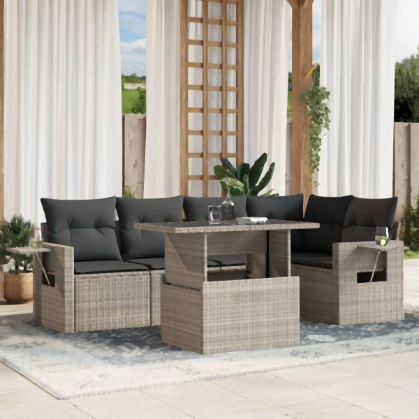 vidaXL 6-tlg. Garten-Sofagarnitur mit Kissen Hellgrau Poly Rattan, 3267892