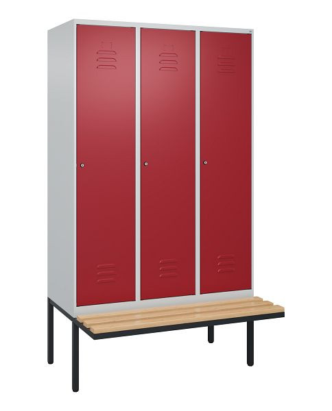 C+P Umkleidespind Classic PLUS, 3 Abteile, 2120x1200x815mm, 7035/3003, Zylinderschlösser, Buche-Sitzleisten, je 2 Doppel-Haken, 0800407-32F S10046