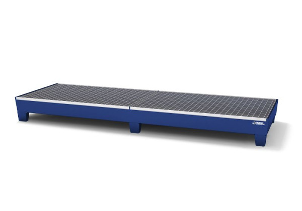 DENIOS Auffangwanne aus Stahl für 4 Fässer à 200 Liter, 2470 x 816 x 248 mm, mit Gitterrost, 328436
