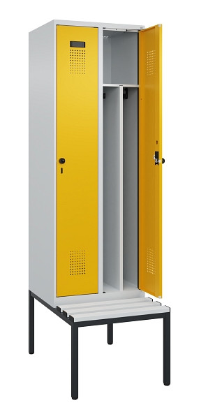 C+P Spind Evolo PLUS, 2 Abteile, 2120x600x815mm, 7035/1004, Drehriegel, Sitzfläche Kunststoff, Sitzbank, 0490507-20F S10054