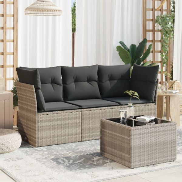 vidaXL 4-tlg. Garten-Sofagarnitur mit Kissen Hellgrau Poly Rattan, 3249061