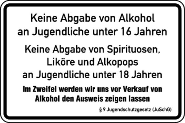 Schilder Klar Aushang Keine Abgabe von Alkohol an Jugendliche, 300x200x0.45 mm Aluminium geprägt, 407/51