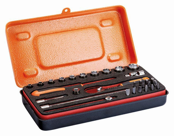 Bahco 1/4" Steckschlüssel-Satz mit Vierkantantrieb, Sechskantprofil, metrisch, Umschaltknarre, Schraubendreher-Bits und Verbindungsteil, 6729MHP