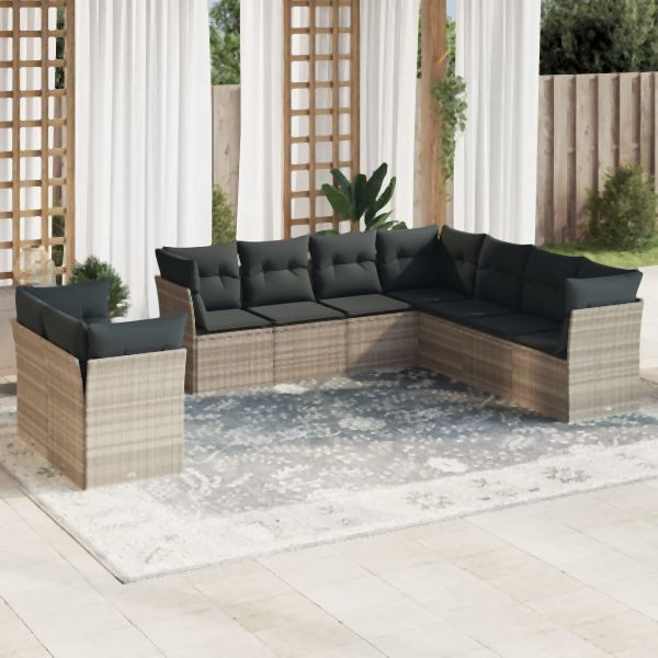 vidaXL 9-tlg. Garten-Sofagarnitur mit Kissen Hellgrau Poly Rattan, 3249681