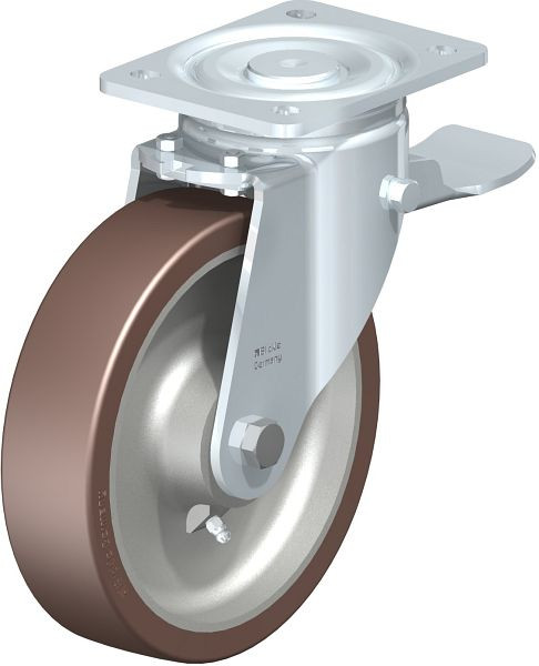 Blickle LH-GB 200K-ST Stahlblech-Lenkrolle, Schwerlast-Ausführung, mit Anschraubplatte & Feststeller, Blickle Besthane®, Braun, 749974
