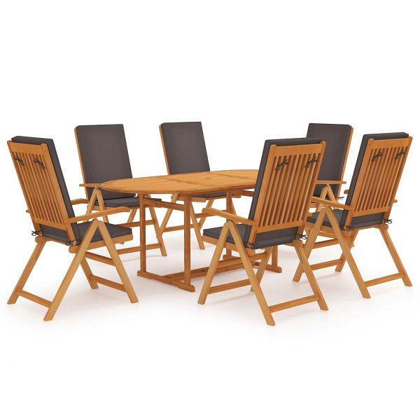 vidaXL 7-teilig Garten-Essgruppe mit Kissen Massivholz Teak Grau, 3059555
