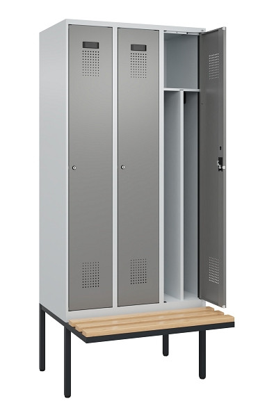 C+P Spind Evolo PLUS, 3 Abteile, 2120x900x815mm, 7035/0004, Haken 4, Zylinderschloss, Sitzfläche Holz, 0490407-30F S10041