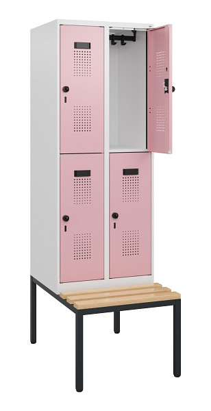 C+P Doppelstöckiger Spind Evolo PLUS, Bank, 4 Fächer, 1950x600x815mm, 9016/3015, Drehriegel, Sitzfläche Buche-Hartholz, Sitzbank, 0493505-20 S10018