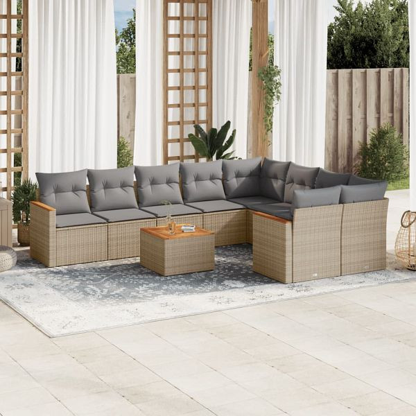 vidaXL 10-tlg. Garten-Sofagarnitur mit Kissen Beige Poly Rattan, 3226311