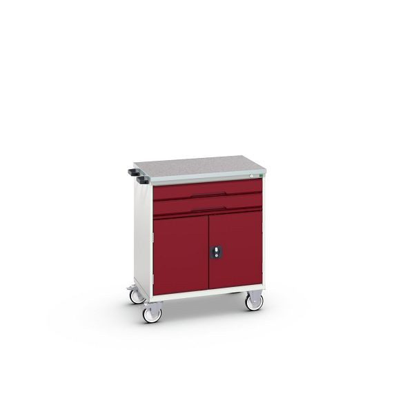 bott verso mobiler Schubladenschrank, mit 2 Schubaden, Tür und Linoleum-Top, BxTxH: 800 x 600 x 980 mm, Lichtgrau / Purpurrot, 16927009.24