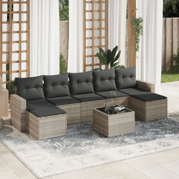 vidaXL 8-tlg. Garten-Sofagarnitur mit Kissen Hellgrau Poly Rattan, 3251689