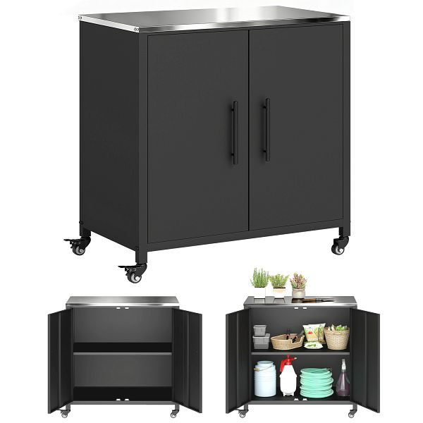 Outsunny Gartenschrank mit Pflanztisch Geräteschuppen mit Edelstahl Arbeitsplatte abnehmbar Regal magnetisch Doppeltür Rolle, 84G-875V00BK