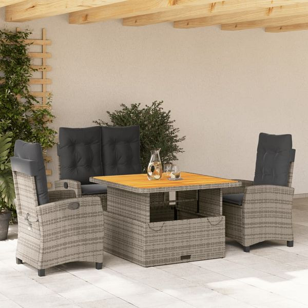 vidaXL 4-teilig Garten-Essgruppe mit Kissen Grau Poly Rattan, 3277404