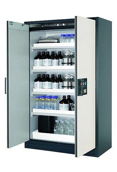 asecos Sicherheitsschrank Q-CLASSIC-90, Q90.195.120 in reinweiß RAL 9010 mit 4x Wannenboden Standard (Polypropylen), 30001-050-30014