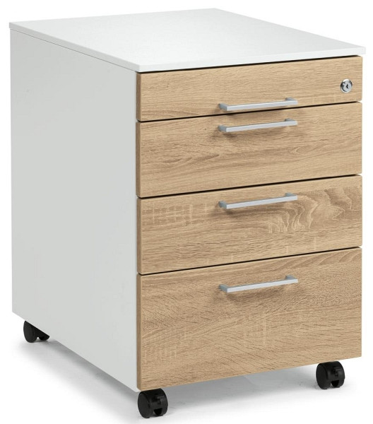 Deskin Rollcontainer EVO, Korpus Dekor weiß, Fronten Wildeiche, B 435 x H 590 x T 800 mm, 3 Schübe, 290529