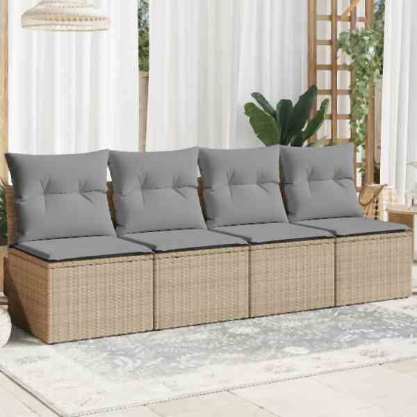 vidaXL Gartensofa mit Kissen 4-Sitzer Beige Poly Rattan, UV-beständig, 366089