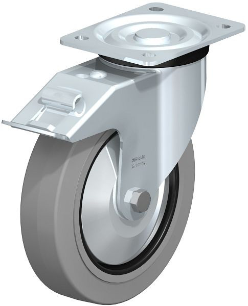 Blickle L-POEV 200XR-FI-SG-FA Stahlblech-Lenkrolle, mittelschwere Ausführung, mit Anschraubplatte & Feststeller, Elastik-Vollgummi, Grau, 850723