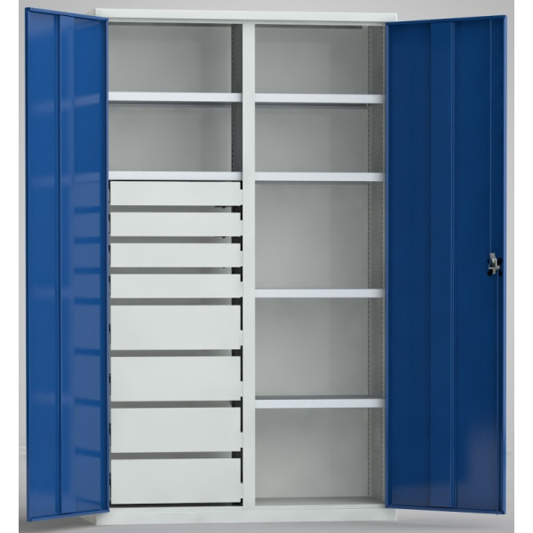 KLW Universalschrank 2000x1000x490, 80kg, 2 Abteile (2 Fachböden, 8 Schubladen, 4 Fachböden), 7FN-QH2000TD-0010MRB