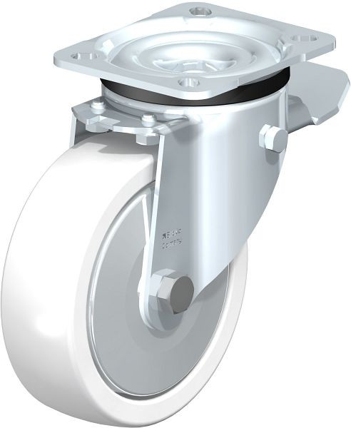 Blickle LK-SPO 125K-1-ST-FA Stahlblech-Lenkrolle, schwere Ausführung, mit Anschraubplatte & Feststeller, Polyamid, Weiß, 366708