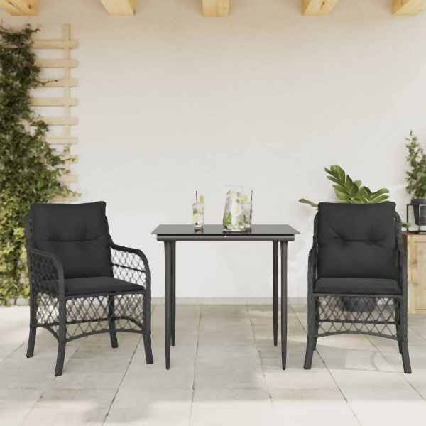 vidaXL 3-tlg. Bistro-Set mit Kissen Schwarz Poly Rattan, UV-beständig, 3212096