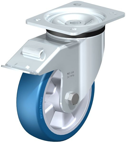 Blickle LK-ALBS 160K-FI Stahlblech-Lenkrolle, schwere Ausführung, mit Anschraubplatte & Feststeller, Blickle Besthane® Soft, Blau, 741923