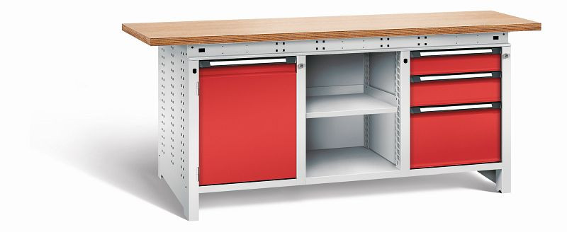 Otto Kind Werkbank Serie function Typ 307, Multiplexplatte 40 mm, überstehend, 2x Unterbau + mittleres Feld, Gehäuse RAL 7035, Front RAL 3000, 072362234