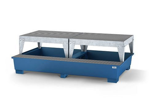 DENIOS Auffangwanne classic-line für 2 IBC, blau lackiert, Abfüllbereich und 2 Abfüllböcke, 259395