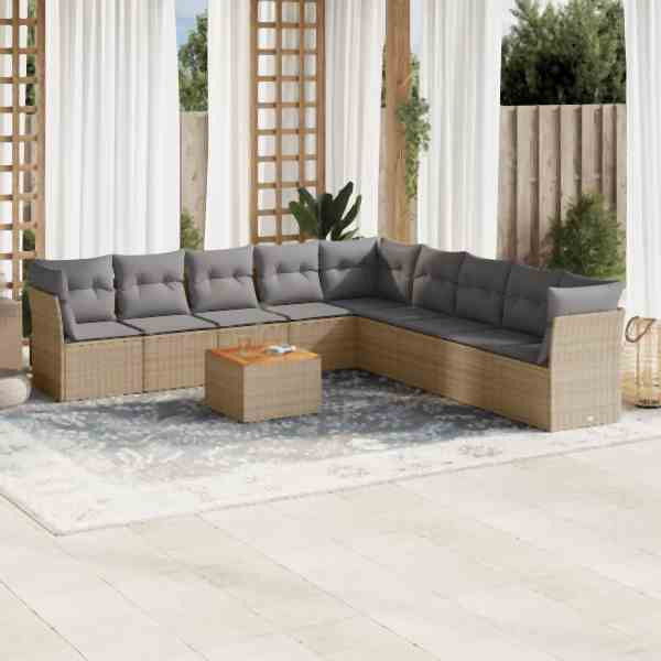 vidaXL 10-tlg. Garten-Sofagarnitur mit Kissen Beige Poly Rattan, UV-beständig, 3223693