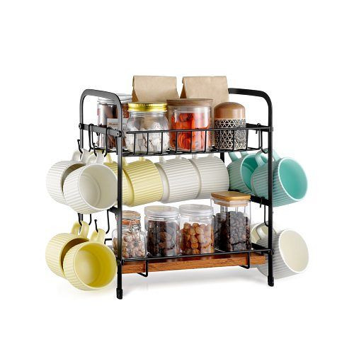 VEVOR Kaffeebar-Organizer, 2 Ebenen, Tassenhalter & Kaffeestation, 12 Haken, 2 Ablagen, Schwarz, LYSMKBGJBGSLN4HGLV0