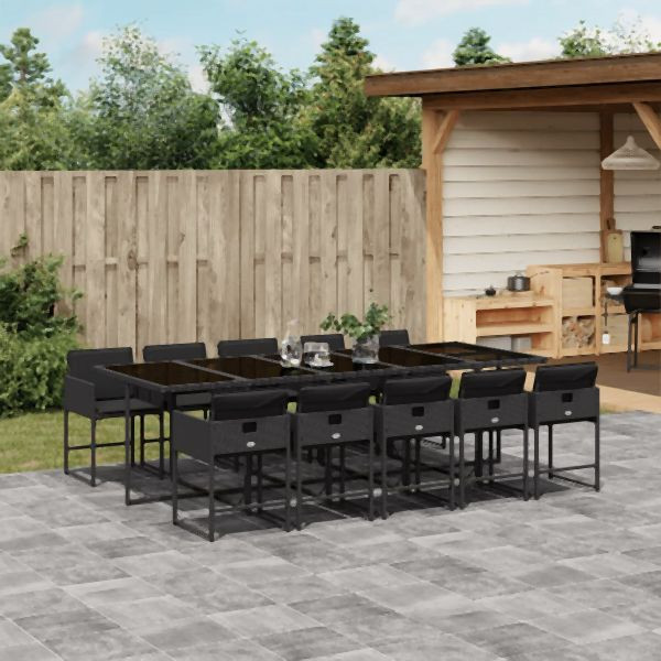 vidaXL 11-tlg. Garten-Essgruppe mit Kissen Schwarz Poly Rattan, 3211291