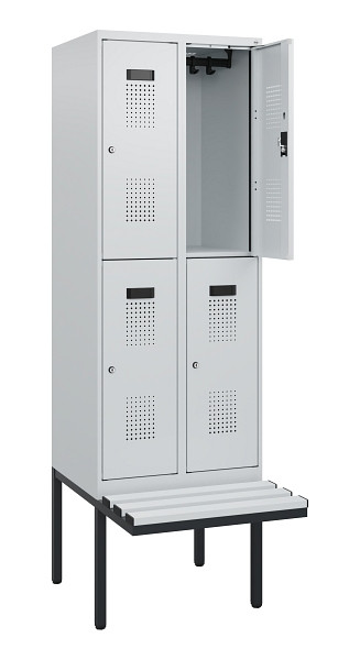C+P Doppelstock-Spind Evolo PLUS, Bank, 4 Fächer, 1950x600x815mm, 7035/7035, Zylinderschloss, Sitzfläche Kunststoff, 0493405-20 S10148