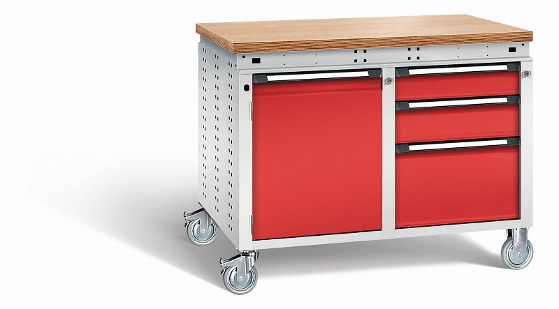 Otto Kind Werkbank Serie function Typ 252 fahrbar, Multiplexplatte 40 mm, bündig, 2x Unterbau, Gehäuse RAL 7035, Front RAL 3000, 072383134