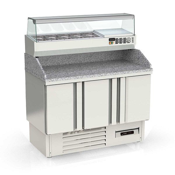 Vaiotec TOPLINE Pizzatisch 700 / 3-fach mit Türen, Extravolumen, Granitplatte grau, inkl. Kühlaufsatz, GN 1/4, Breite: 1370 mm, 11614