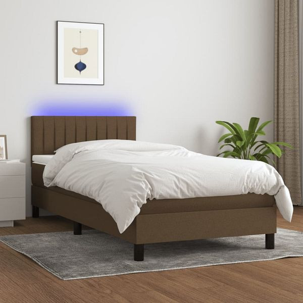 vidaXL Boxspringbett mit Matratze & LED Dunkelbraun 90x190 cm Stoff, 3133280