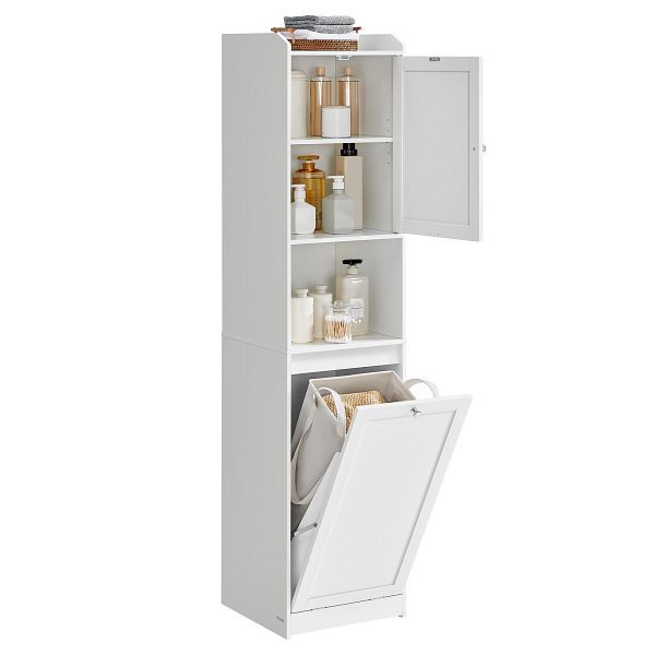 VASAGLE Hoher Badezimmerschrank mit Wäschekorb, Aufbewahrungseinheit, abnehmbarer Wäschekorb mit Griffen, Fach mit Tür, 40 x 40 x 170 cm, Weiß, BBC761W01