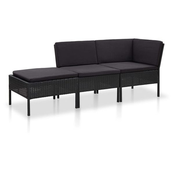 vidaXL 3-teilig Garten-Lounge-Set mit Auflagen Poly Rattan Schwarz, 48961