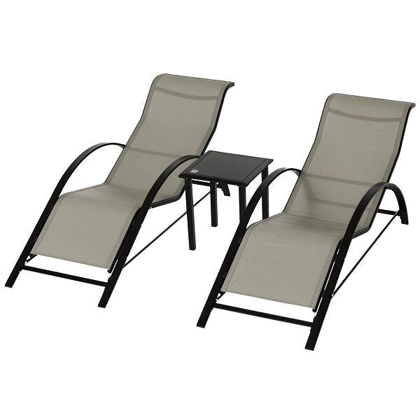 Outsunny 3-tlg. Gartenliegen-Set, 2 Sonnenliegen & 1 Beistelltisch, Metallrahmen, Grau+Schwarz, 84B-570GY