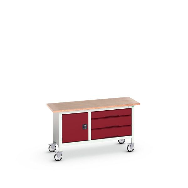 bott verso mobile Kastenwerkbank mit Schrank / Schubladenschrank mit 3 Schubladen, BxTxH: 1500x600x830mm, Lichtgrau / Purpurrot, 16923214.24