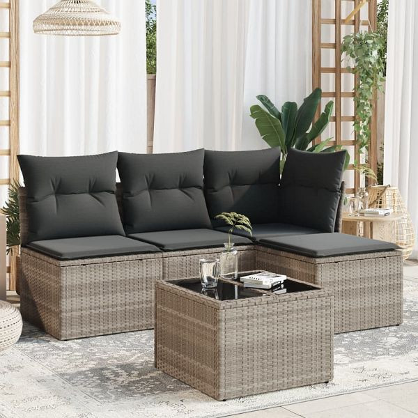 vidaXL 5-teilig Garten-Sofagarnitur mit Kissen Hellgrau Poly Rattan, 3217512