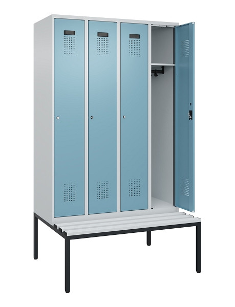 C+P Spind Evolo PLUS, 4 Abteile, 2120x1200x815mm, 7035/0010, Haken 3, Zylinderschloss, Sitzfläche Kunststoff, Sitzbank, 0490507-40 S10090