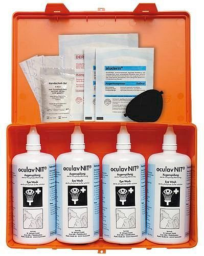DENIOS oculav NIT-Box mit Augen-Sofortspülung, 4 Druckspülflasche à 250 ml Sterillösung, 164973