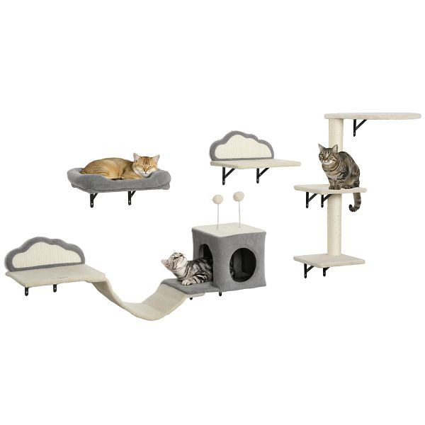 PawHut Wandmontiertes Kratzbaum-Set, Sisalkratzflächen, 4 Teile, für 1-3 Katzen, Beige, D30-910V00BG