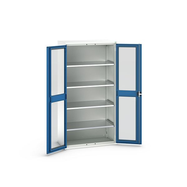 bott verso Flügeltürschrank mit Sichtfenster, mit 4 Fachböden, BxTxH: 1050 x550 x 2000 mm, Lichtgrau / Enzianblau, 16926277.11