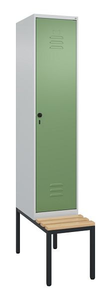 C+P Umkleidespind Classic PLUS, mit untergebauter Sitzbank, 2120x400x815mm, 7035/6011, Drehriegel, Buche-Sitzleisten, 0800507-12 S10006