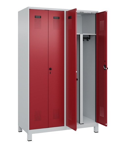 C+P PSA Schwarz-Weiß-Spind Evolo PLUS, mit Füßen, 4 Abteile, 1950x1200x500mm, 7, Frontfarbe RAL 3003 Rubinrot, Drehriegel, 049012-40P S10004