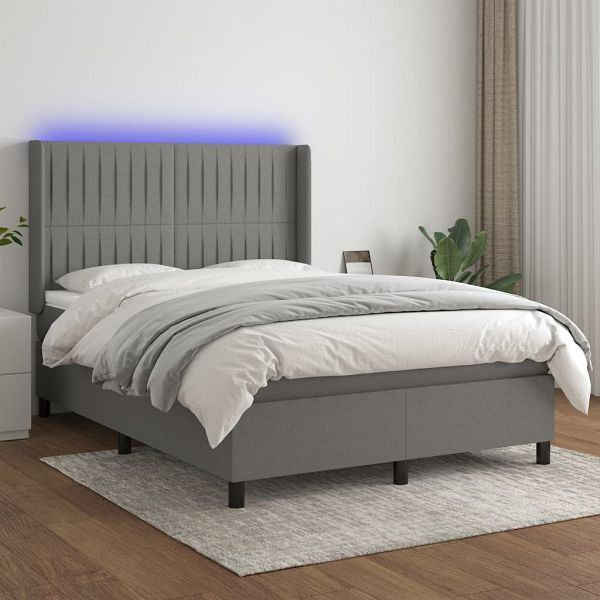 vidaXL Boxspringbett mit Matratze & LED Dunkelgrau 140x190 cm Stoff, 3138470