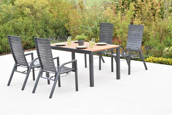 Merxx Siros Set 5-teilig, 4 Siros Sessel, verstellbar durch Gasdruckfeder, 1 Ausziehtisch, 150 (200) x 90 cm, Tischplatte aus Akazienholz, 50961-217