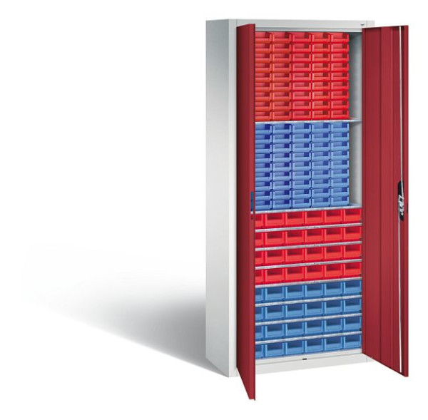C+P Magazinschrank Serie 13, H1690xB700xT300mm, Farbe: Lichtgrau / Rubinrot, Muldengriff, 133413-24 S10018
