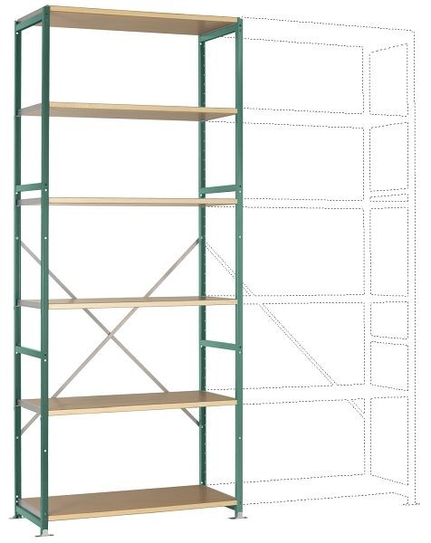 Manuflex Mittelschweres Fachboden-Steckregal Grundregal mit 6 Holzverbundböden, HxBxT = 2500 x 1030 x 500 mm, graugrün, RP1307.0001